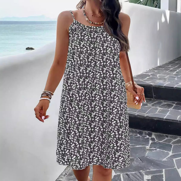Damen ärmelloses Sommerkleid mit elastischem Bund und floralem Muster WW