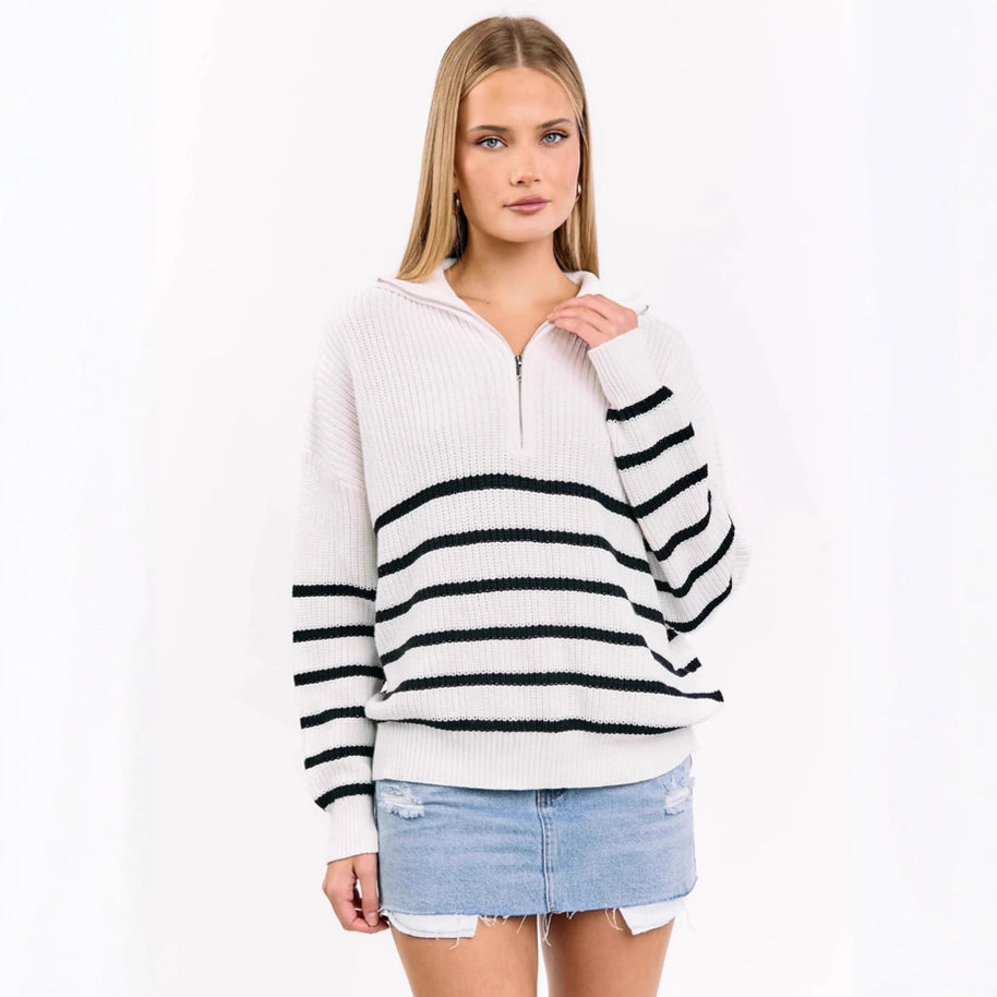 Damen sportlicher Strickpullover mit halbem Reißverschluss und Streifenmuster WW