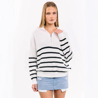 Damen sportlicher Strickpullover mit halbem Reißverschluss und Streifenmuster WW