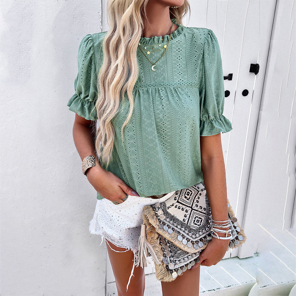 Damen elegante Bluse mit Volant und Lochmuster WW
