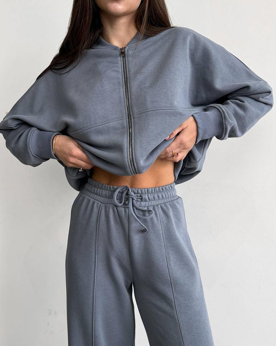 Damen Sportliches Lounge-Set mit Reißverschlussjacke und weiten Hosen WW