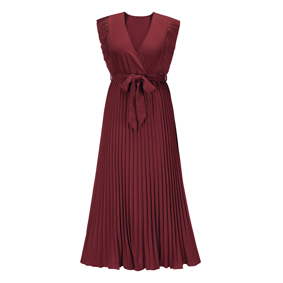 Damen Plissee Maxikleid mit Wickeloptik und taillierbarem Gürtel WW