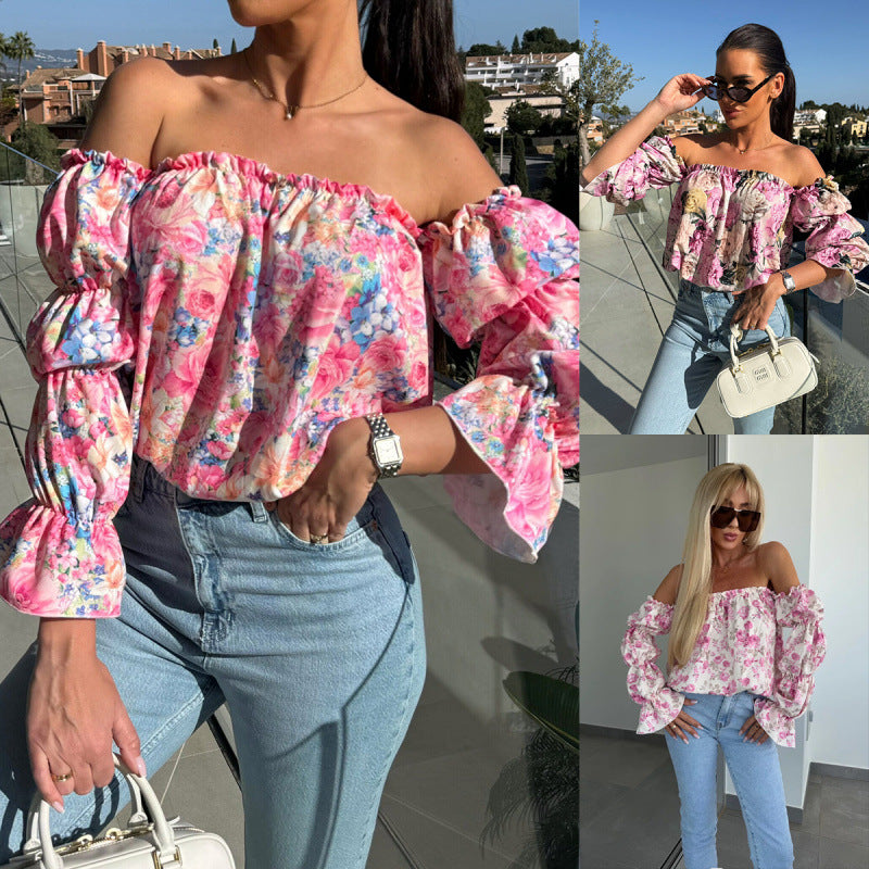 Damen Off-Shoulder Rüsch Blumen Bluse WW
