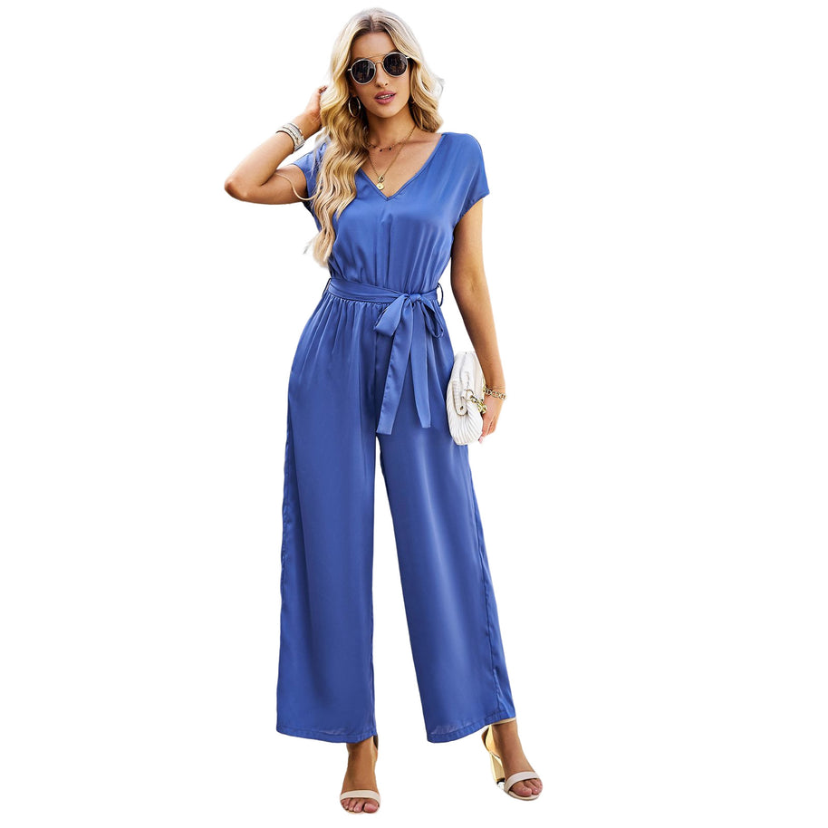 Damen eleganter Jumpsuit mit V-Ausschnitt und Bindegürtel WW