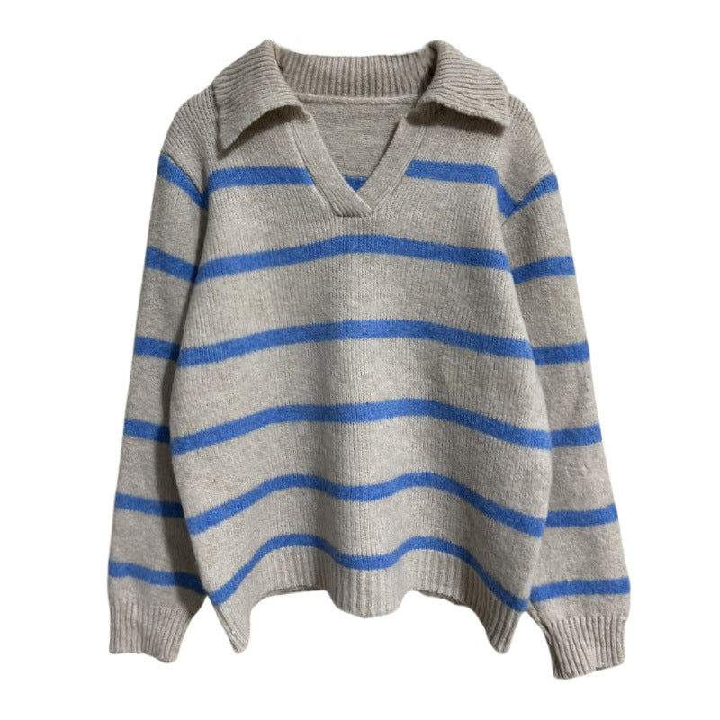 Damen Strickpullover mit V-Ausschnitt und strukturiertem Streifenmuster WW
