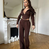 Damen sportliches Zweiteiler-Set mit hochgeschlossener Kapuzenjacke und weitem Hosen WW