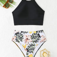 Badeanzug Oberteil mit Hochkragen und floraler Hochschnitt-Hose WW