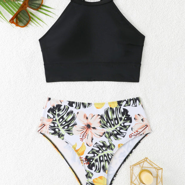 Badeanzug Oberteil mit Hochkragen und floraler Hochschnitt-Hose WW