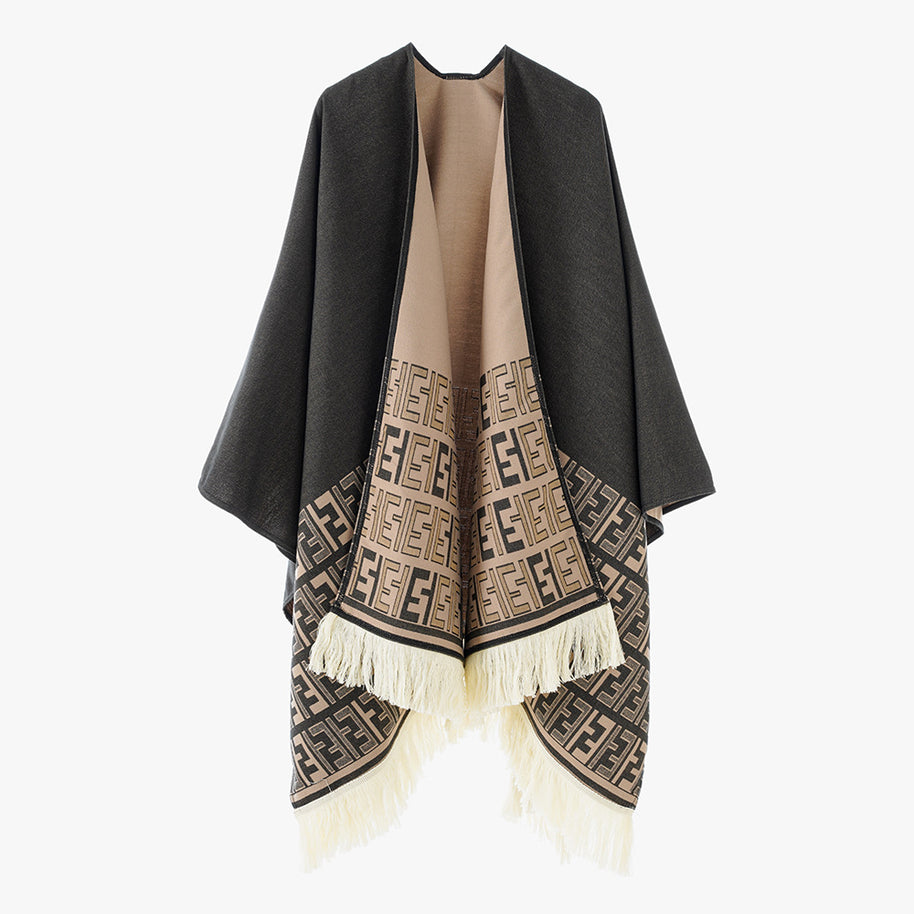 Damen eleganter Überwurf-Poncho mit kunstvollem Fransen-Design und besonderen grafischen Mustern WW
