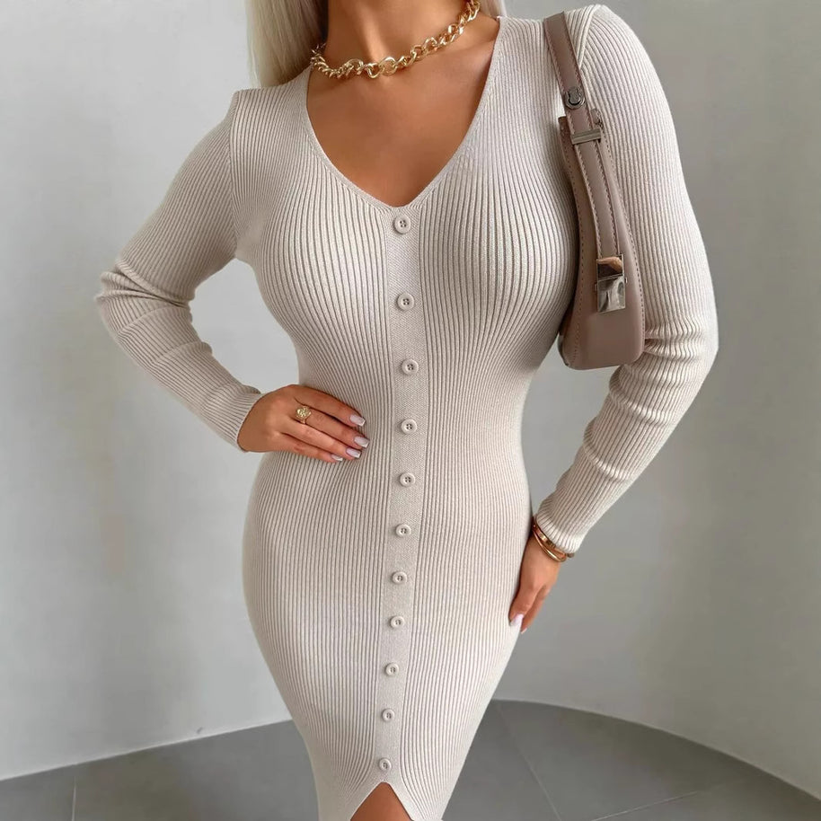 Damen Strickkleid mit fein strukturierter Rippoptik und eleganten Knopfdetails WW