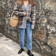 Damen Strickjacke im Hahnentritt-Design mit großen Holzknöpfen WW