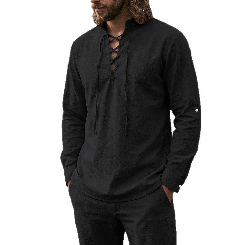 Herren nan Schnürkragen-Langarmhemd aus Crinkle-Leinen mit aufrollbaren Ärmeln W&W Mode