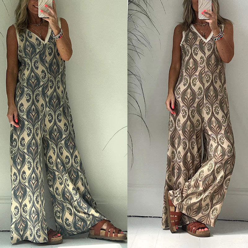 Damen Jumpsuit mit weitem Bein und elegantem Blattmuster WW