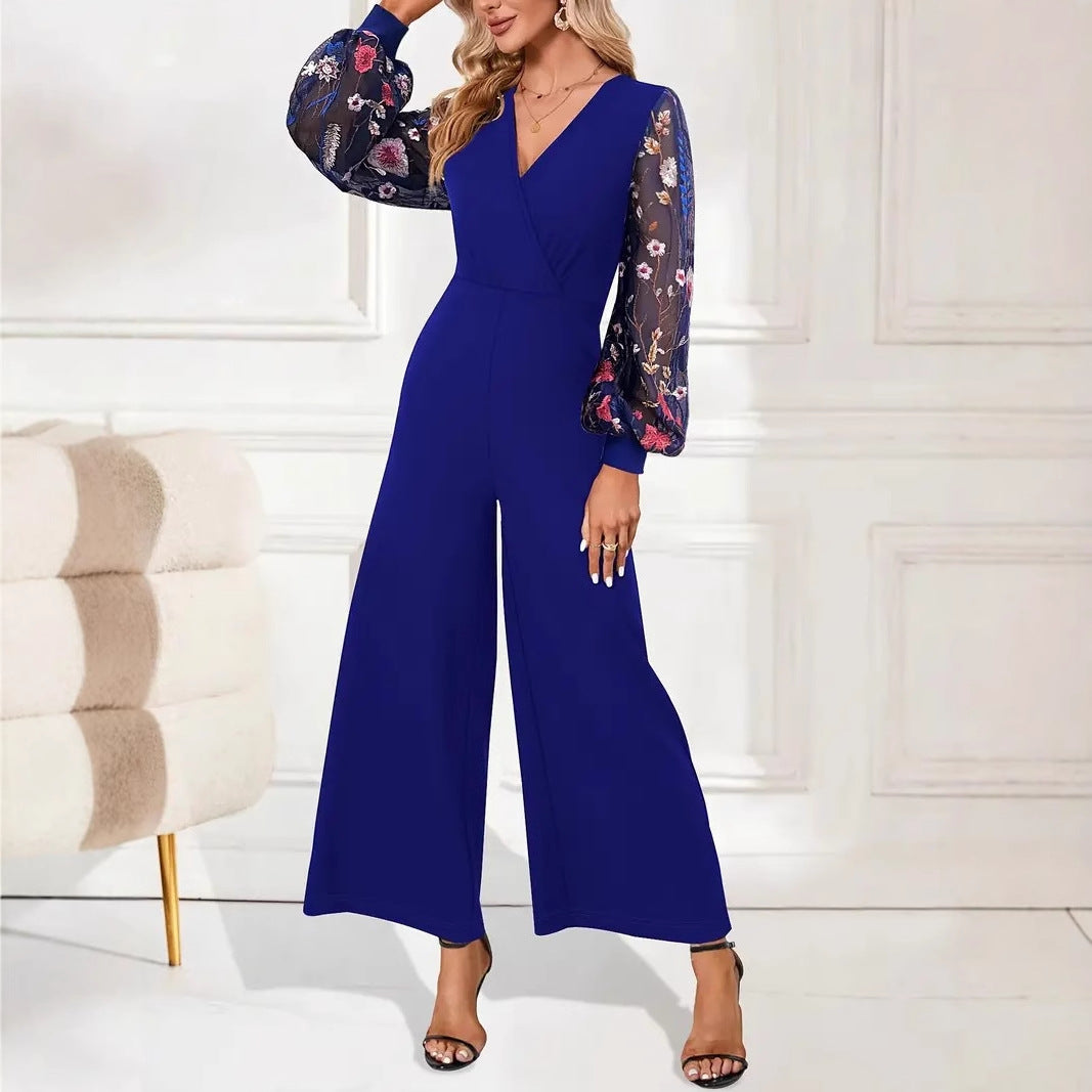 Damen elegante Jumpsuit mit floralen Spitzenärmeln und weitem Bein W&W Mode