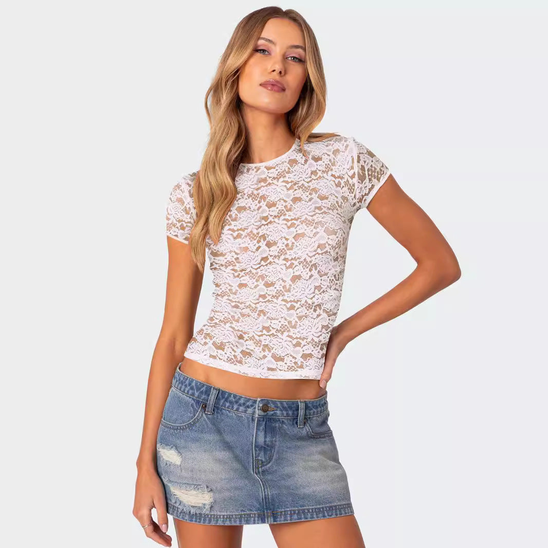 Damen Spitze Oberteil mit figurbetonter Passform und kurzen Ärmeln WW
