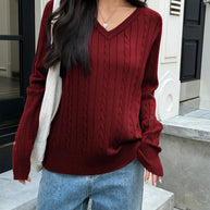 Damen Strickpullover mit V-Ausschnitt und feinem Zopfmuster WW