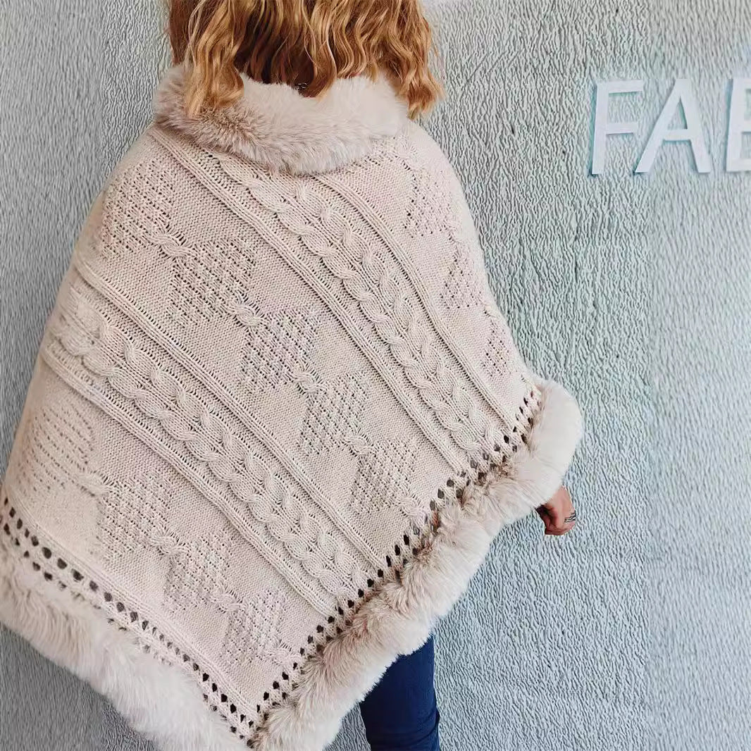 Damen Strickponcho mit dekorativem Kragen und gefüttertem Saum WW
