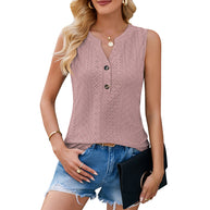 Damen ärmelloses Blusenshirt mit dekorativem Lochmuster und Knopfleiste WW