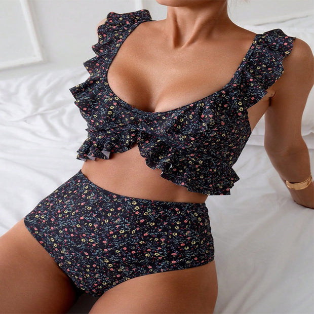 Damen Bikini-Set mit fröhlichem Rüschendesign und hoch taillierter Hose WW