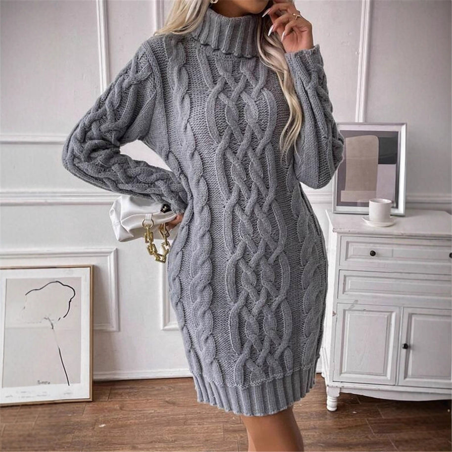 Damen Strickkleid mit hochgeschlossenem Kragen und Zopfmuster WW
