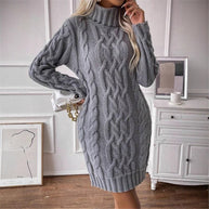 Damen Strickkleid mit hochgeschlossenem Kragen und Zopfmuster WW