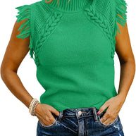 Damen elegantes Stricktop mit raffiniertem Häkelmuster und Fransen WW