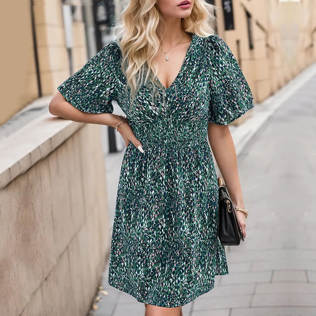 Damen fließendes Kurzkleid mit elastischem Taillenzug und V-Ausschnitt WW