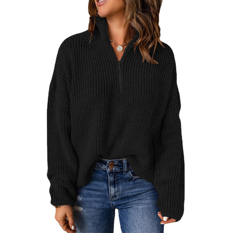 Damen Grober Strickpullover mit Stehkragen und Reißverschluss W&W Mode