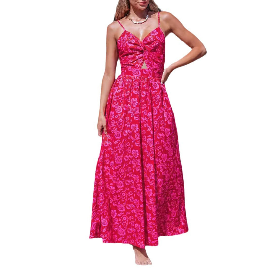 Damen Maxikleid mit raffiniertem Knotendetail und floralen Designelementen WW