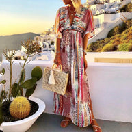 Damen Maxikleid mit elegantem V-Ausschnitt und floralem Mustermix WW