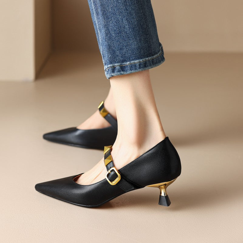 Damen elegante Slingback-Pumps mit goldener Schnalle und spitzem Design WW