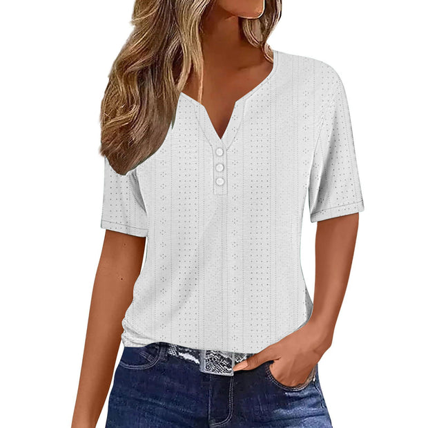 Damen kurzärmeliges T-Shirt mit Knopfdetails und eingewebtem Muster WW