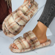 Damen bequeme Hausschuhe aus flauschigem Material mit doppeltem Riemen WW