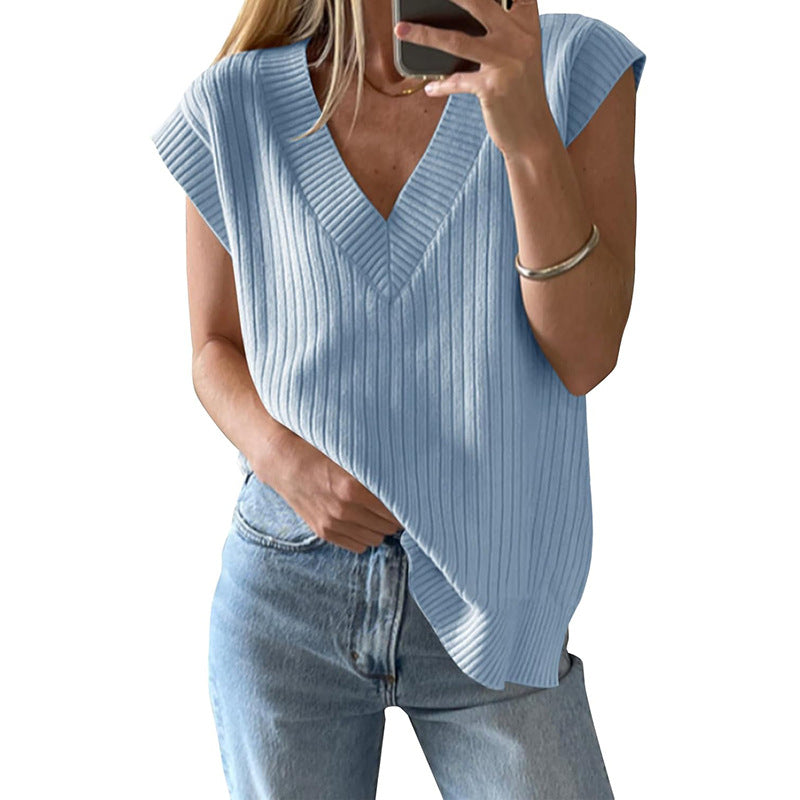 Damen lässiges V-Ausschnitt Oberteil aus Rippstrickmaterial WW
