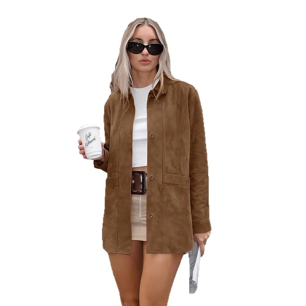 Damen weiche Wildlederjacke mit praktischen aufgesetzten Taschen und elegantem Schnitt WW