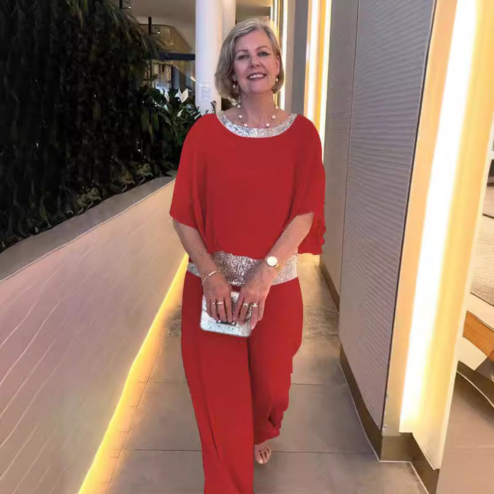 Damen elegante Jumpsuit mit schimmerndem Taillenbund W&W Mode