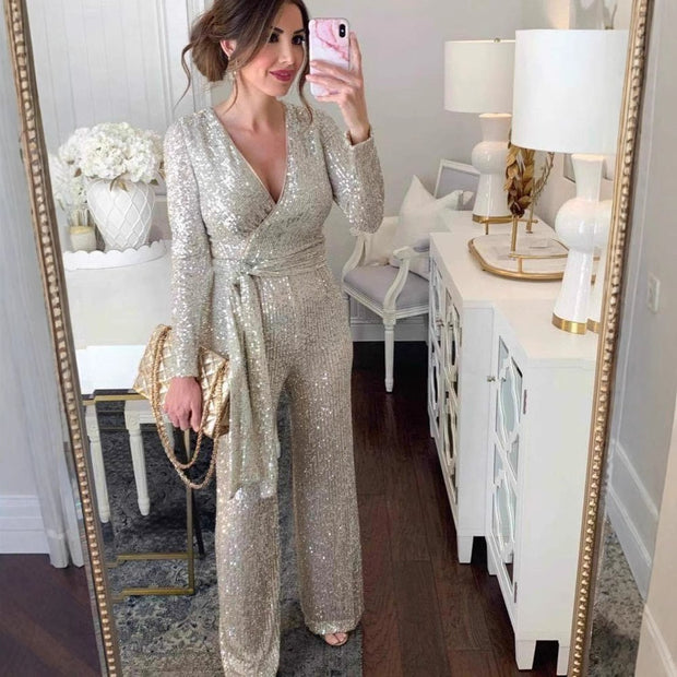 Damen Glamouröser Jumpsuit mit funkelnden Pailletten und elegantem tiefen V-Ausschnitt WW