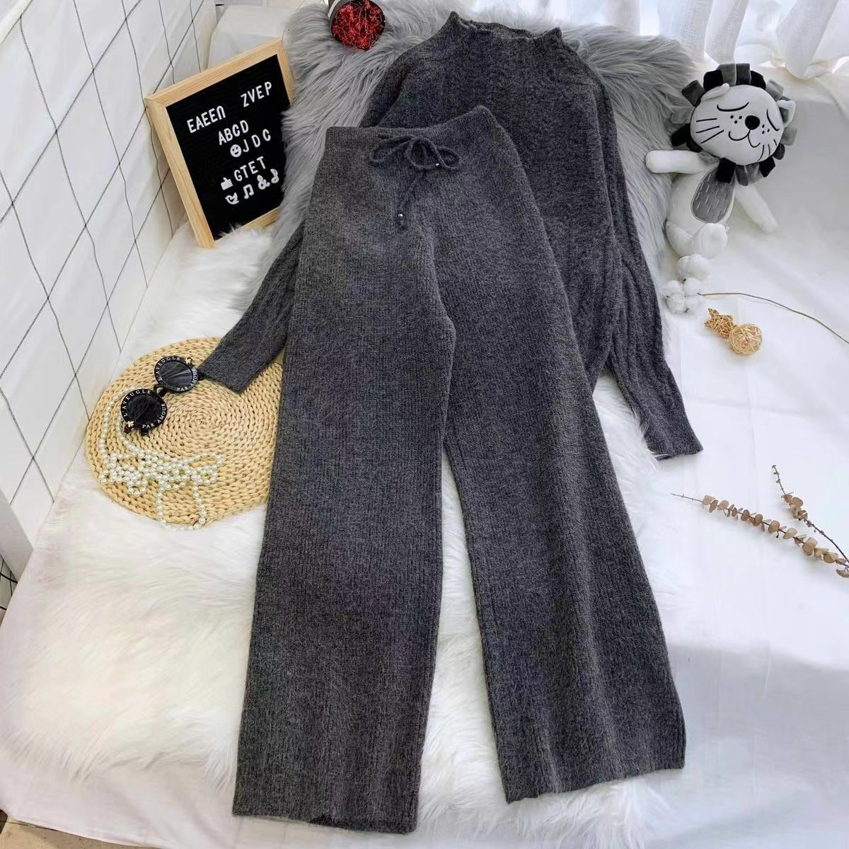 Damen Set aus Strickpullover und Weit geschnittenen Hose WW