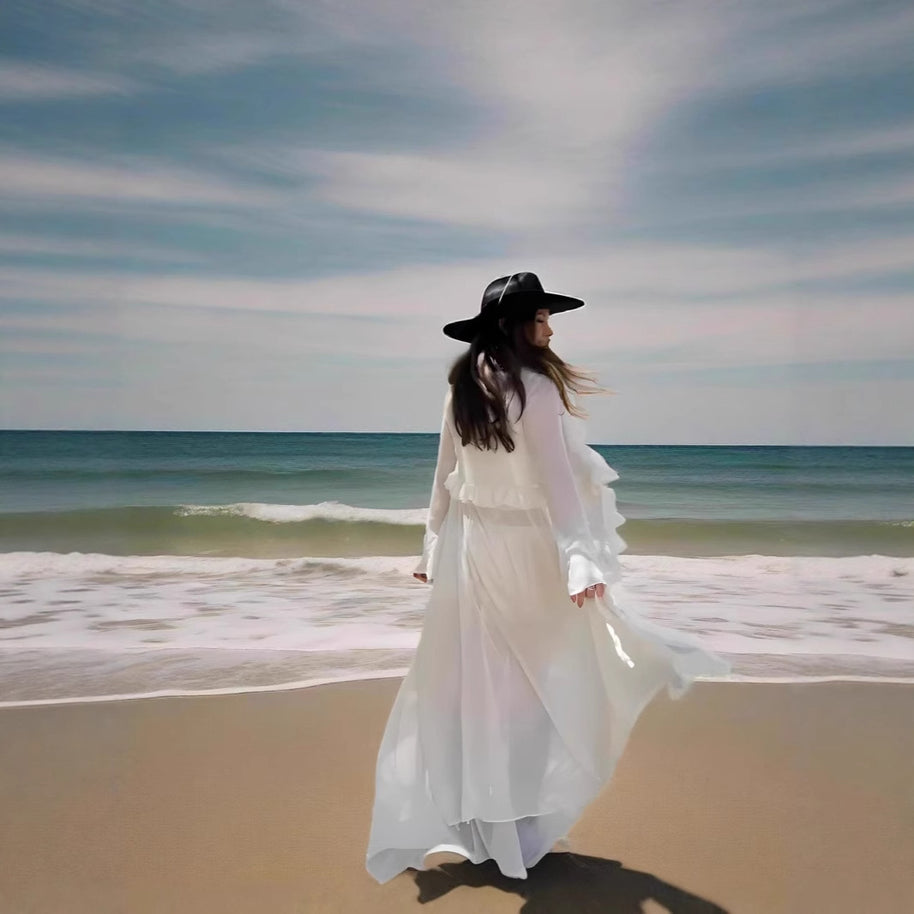 Damen romantisches Rüschenkleid mit langen Ärmeln WW