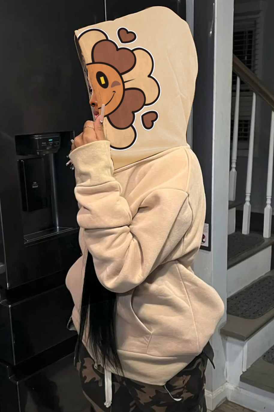 Damen sportlicher Kapuzenpullover mit fröhlichem Blumenmotiv WW