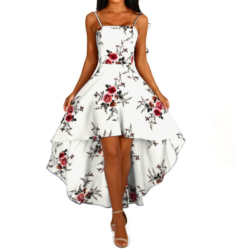 Damen asymmetrisches Blumenkleid mit dekorativen Spaghettiträgern und schwingendem Saum WW