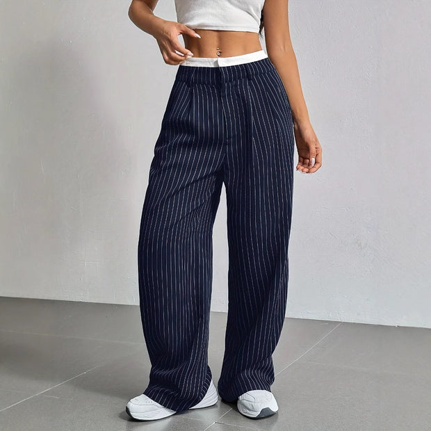 Damen Elegante Weite Hose mit Nadelstreifen und hohem Bund WW