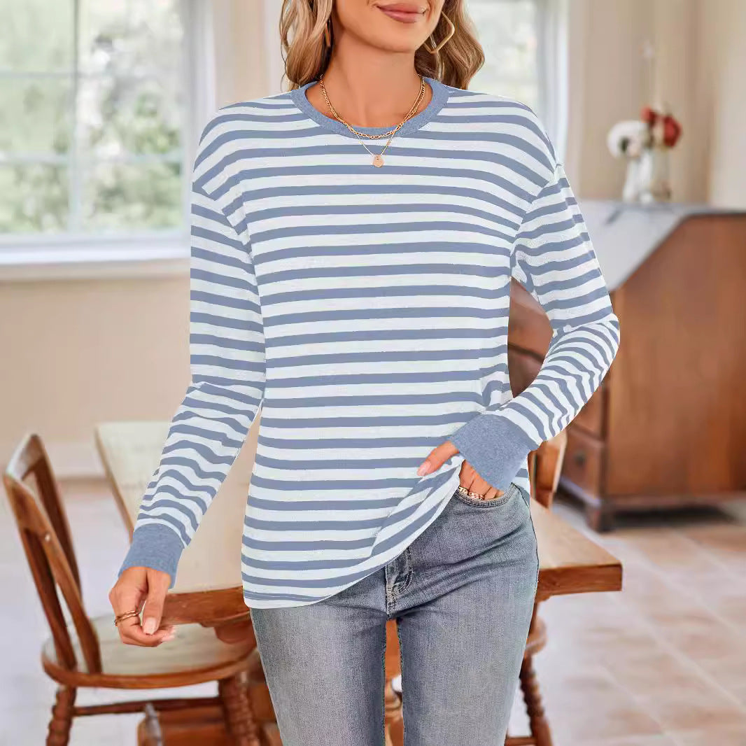 Damen bequemes Langarmshirt mit gestreiftem Design und Rundhalsausschnitt WW