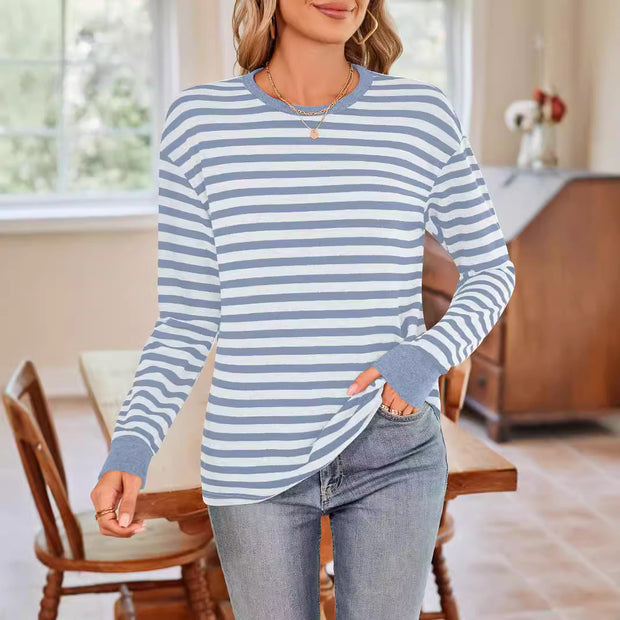 Damen bequemes Langarmshirt mit gestreiftem Design und Rundhalsausschnitt WW