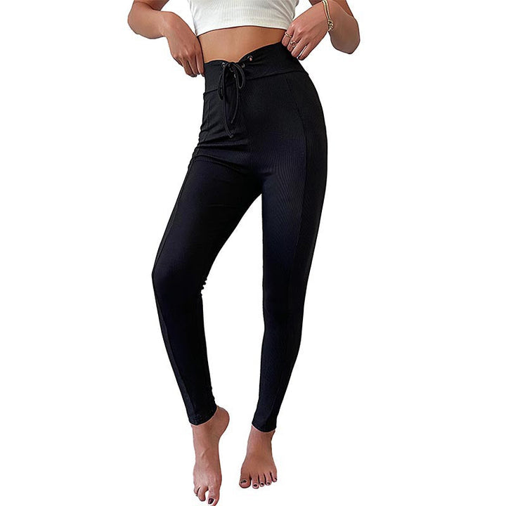 Damen Hochtaillierte Yogahose mit elastischem Bund und Rippstruktur W&W Mode