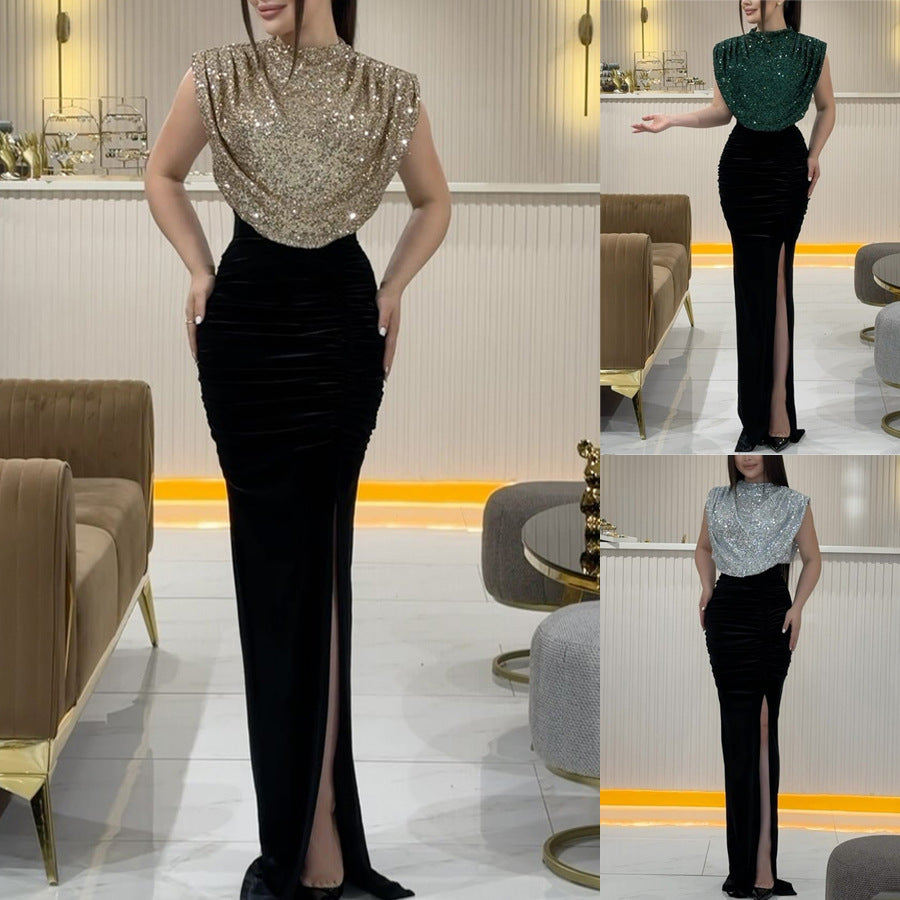 Damen Glamouröses Abendkleid mit schimmerndem Oberteil und elegantem Schlitz WW