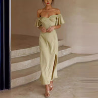 Damen Off-Shoulder Midi-Kleid mit voluminösen Ärmeln und eleganten Akzenten WW