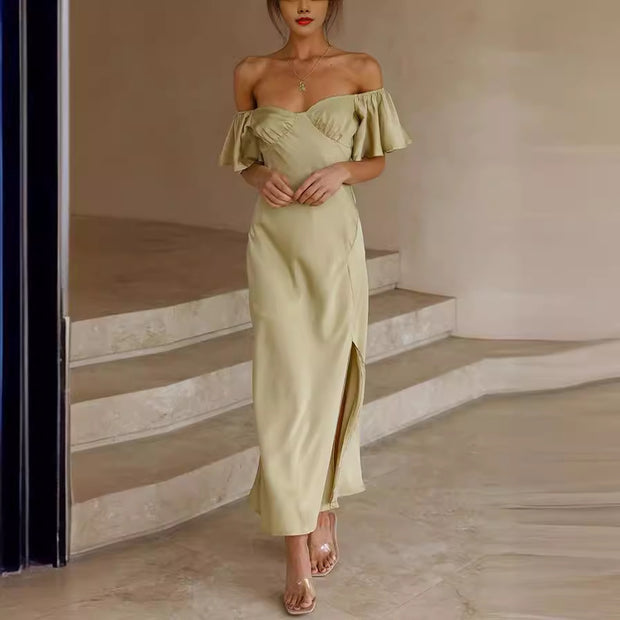 Damen Off-Shoulder Midi-Kleid mit voluminösen Ärmeln und eleganten Akzenten WW