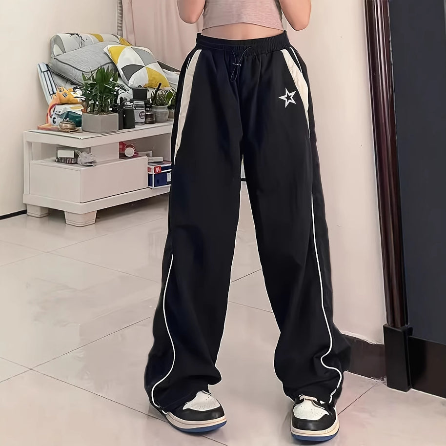 Damen Sportliche Weite Hose mit seitlichen Streifen und elastischem Bund WW