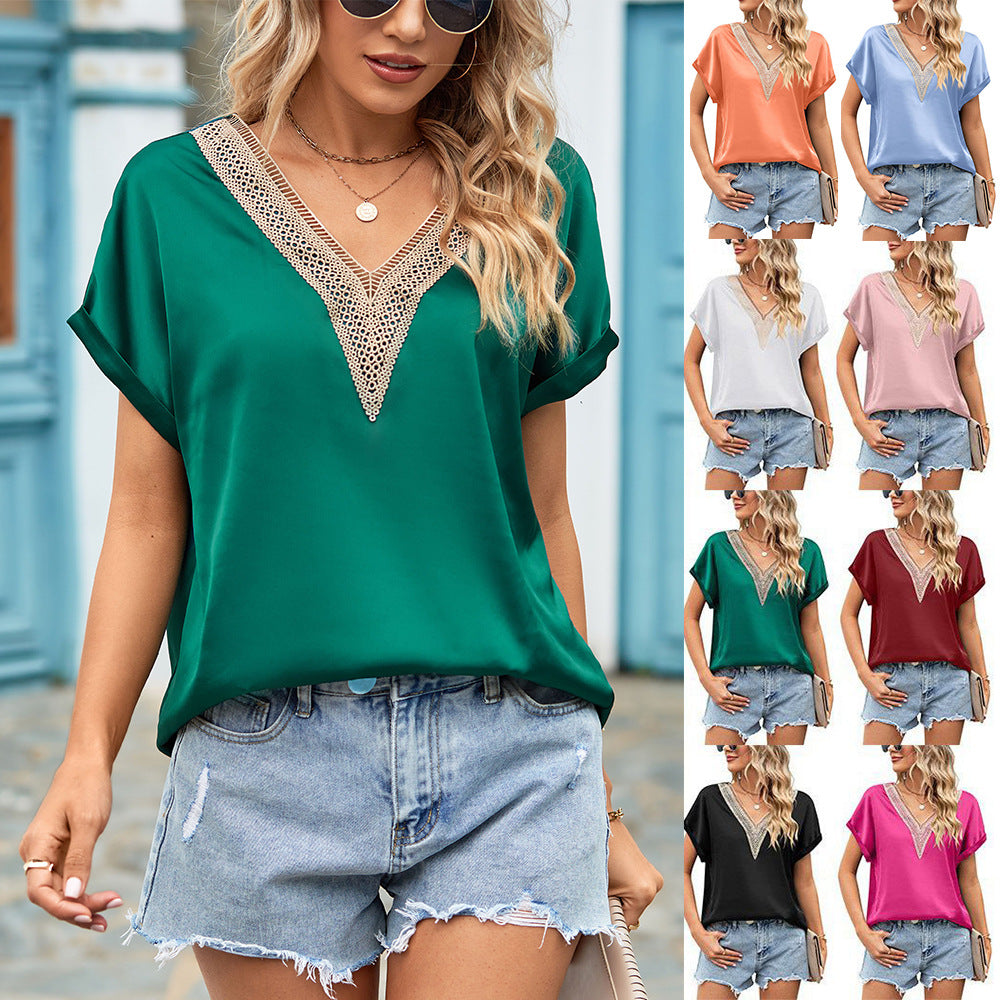 Damen Bluse mit tiefem V-Ausschnitt und Häkelakzenten WW